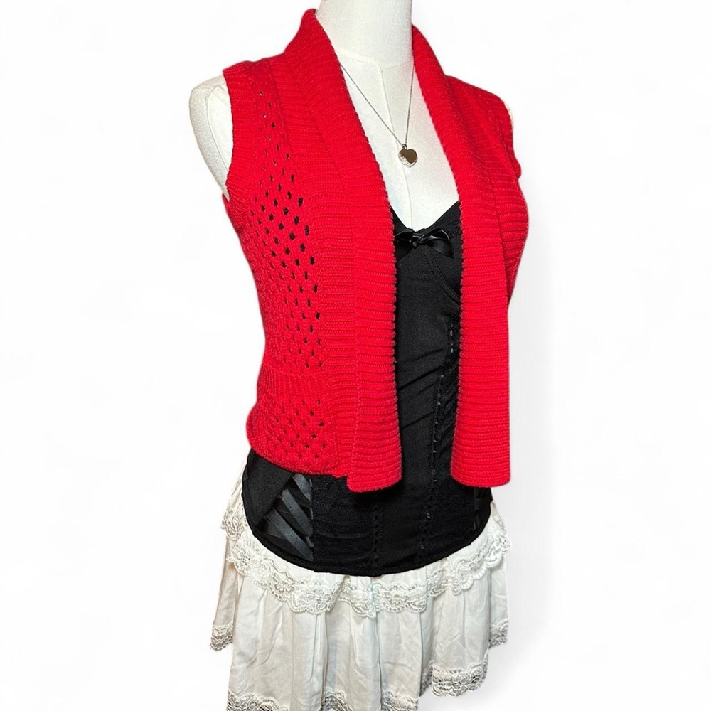 Gothic Glam Red Cropped Crochet Cardigan